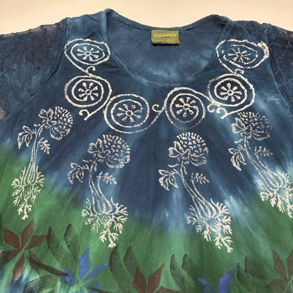 Jackpot Women's Boho‎ Festival Tie Dye Tunic Top Free Size Short Sleeves Blue - Picture 9 of 11
